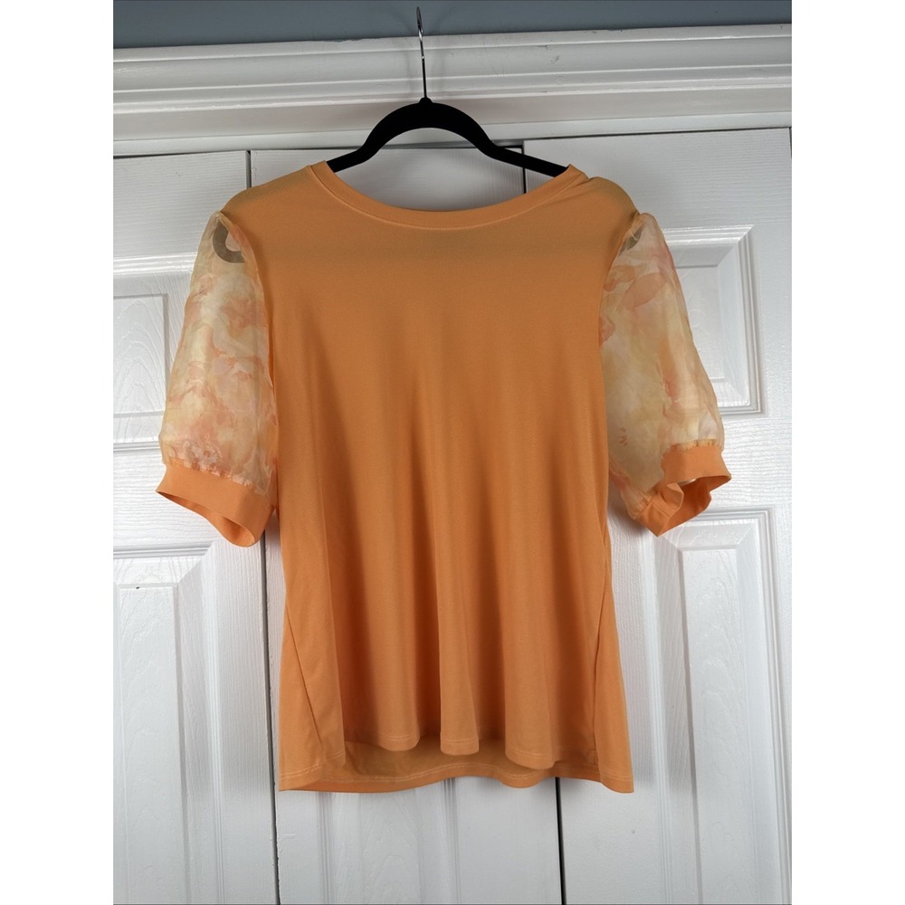 CeCe Women's Size Large Orange Floral Sheer Puff Sleeve Top‎ Blouse